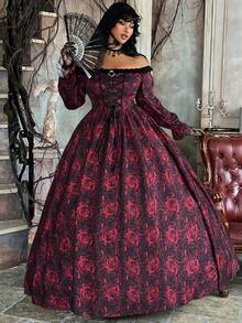 Lyrianda Plus Size Women's Autumn/Winter Off Shoulder Long Sleeve Ruffle Trim Bow Tie Waist A-Line Rose Print Elegant Vintage Cute Palace Style Romantic Maxi Dress