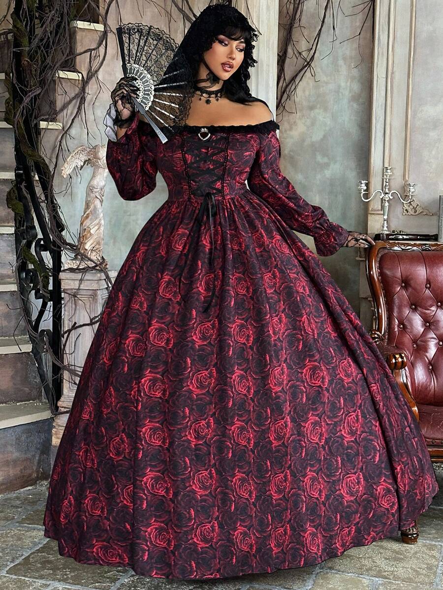Lyrianda Plus Size Women's Autumn/Winter Off Shoulder Long Sleeve Ruffle Trim Bow Tie Waist A-Line Rose Print Elegant Vintage Cute Palace Style Romantic Maxi Dress
