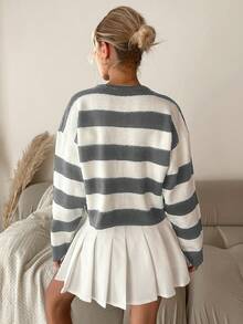 SHEIN Cottnline Women's Striped Drop Shoulder Cardigan Sweater - Light Grey - View 2