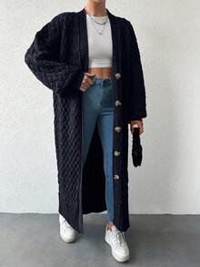 EURMUSE Women's Casual Solid Color Long Cardigan, Versatile For Winter - Navy Blue - View 5