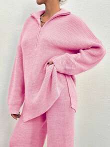 EURMUSE 2 件套女士纯色拉链半襟落肩长袖宽松毛衣和针织裤休闲套装，秋冬