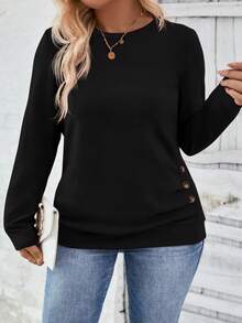 EMERY ROSE Autumn/Winter Casual Black Long Sleeve Vintage Round Neck Ruched Hem Button Down Plus Size T-Shirt - Black - View 1