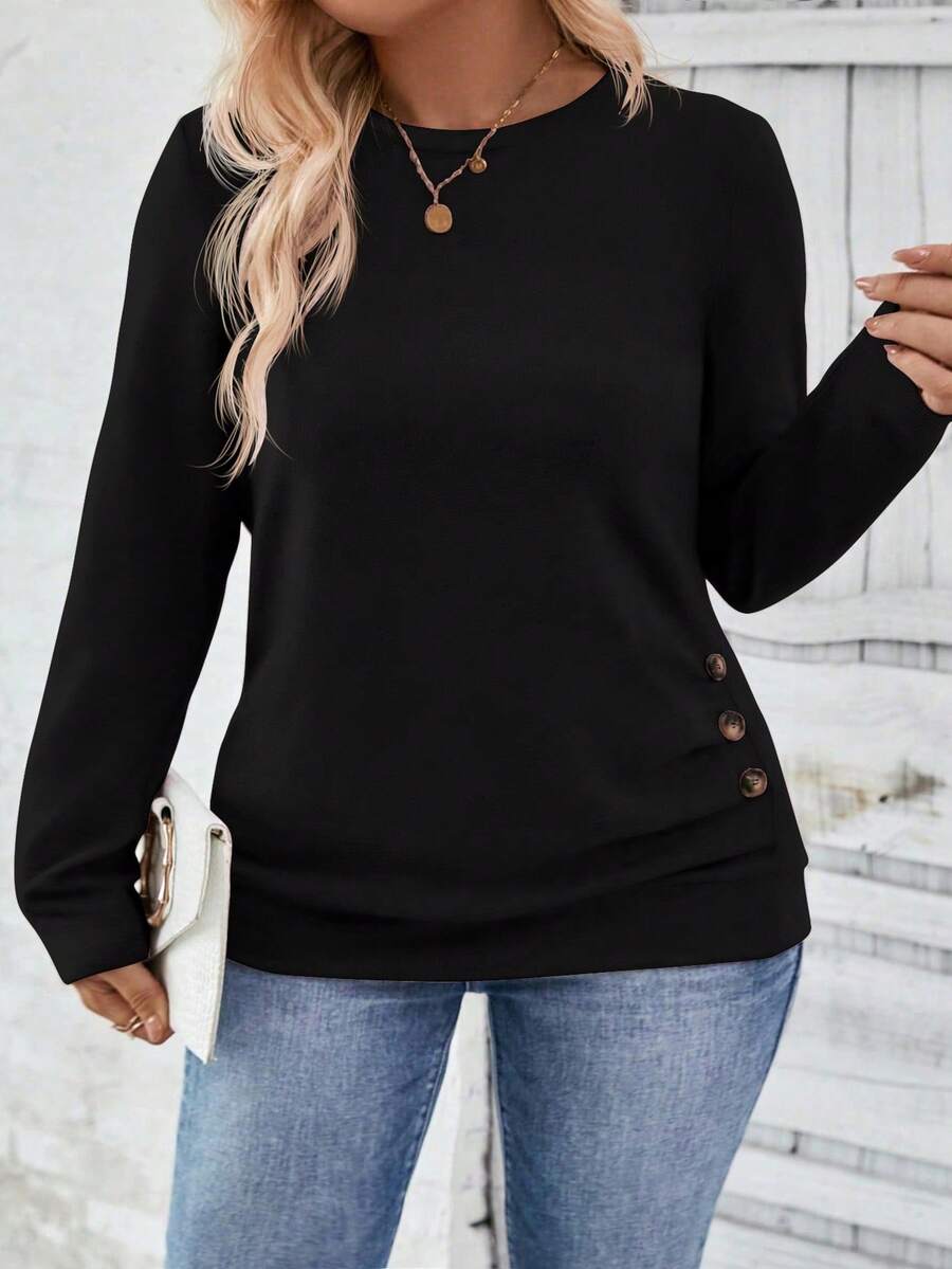 EMERY ROSE Autumn/Winter Casual Black Long Sleeve Vintage Round Neck Ruched Hem Button Down Plus Size T-Shirt - Black - View 1