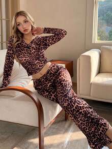 SHEIN Sexigt leopardmönster med v-ringning och långärmad topp och byxor, vinterkläder - Multifärgad - Visa 6