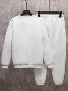 SHEIN 2 件儿童/青少年男童休闲日常舒适印花圆领宽松套头衫和宽松慢跑裤套装，适合学校、花园、海滩、生日、春夏秋冬 - 淺灰色 - 查看 2