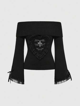 Kawaii Pull femme style gothique sombre, épaules dénudées, manches évasées, style punk mignon