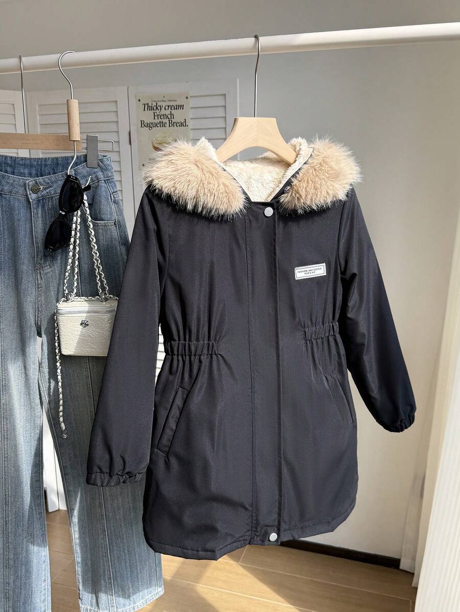SHEIN 女童时尚厚实保暖内衬优雅简约时尚毛领长款户外夹克,适合秋冬季、派对、卡其色 - 黑色 - 查看 1