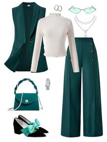 Bộ 3 áo khoác blazer không tay thường ngày (kèm áo dài tay và quần dài) dành cho bé gái tuổi teen, thích hợp mặc hàng ngày và đi làm - Màu xanh lá cây đậm - Xem 5