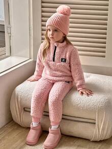 Winter Set Pink 2pcs Girls Autumn/Winter Furry Set, Including Stand Collar Half-Zip Jacket With Black Emblem On Pink Top; Matching Elastic Cuff Pants, Relaxed Fit For Everyday, Outdoor, School Wear Comfortable Fashion Cute Mischievous - Pink - View 3