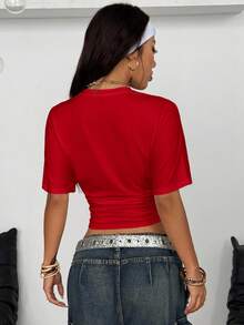 Coolane Áo thun crop top nhún bèo màu trắng co giãn, rộng rãi, phong cách tối giản Y2K dành cho nữ mặc hàng ngày, thường ngày khi trở lại trường - Đỏ - Xem 6