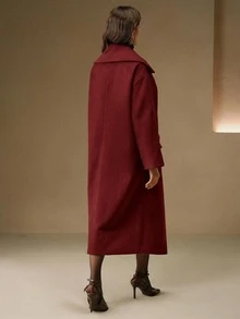 Anewsta Women's High-End Elegant Stand Collar Loose Mid-Length Burgundy Overcoat,Autumn Elegant Office Luxury Formal Chic Dark Coat For Christmas New Year - Burgundy - View 2