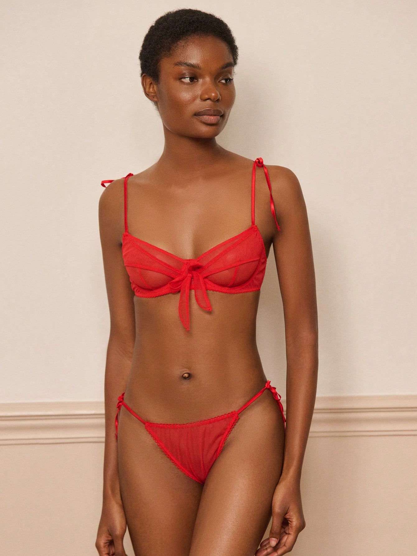 Red Mesh Sexy Lingerie Set Underwired Bra With Bow Front And Tie Straps Red Lingerie Set Valentines Day