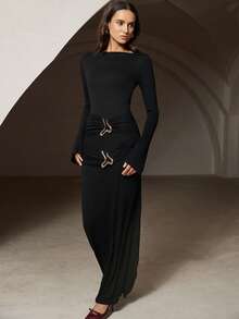 Chiquease European & American Style Elegant Casual Pleated Collar Button Decor Long Sleeve Dress - Black - View 1