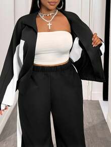 Slaydiva 初秋新款街头休闲/日常休闲/运动/日常穿搭套装，黑色和薄荷绿撞色宽松长袖短款外套，下摆抽绳设计，搭配阔腿超长裤，梭织面料，女士加大码两件套 - A - 黑與白 - 查看 6