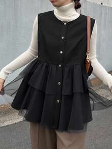 FRIFUL Women's Solid Color Round Neck Sleeveless Front Button Ruffle Hem Casual Jacket - Black - View 2