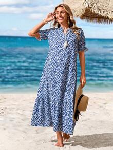 Sylviya 女式 V 领荷叶边饰腰带摆连衣裙，夏季 - 藍色 - 查看 1