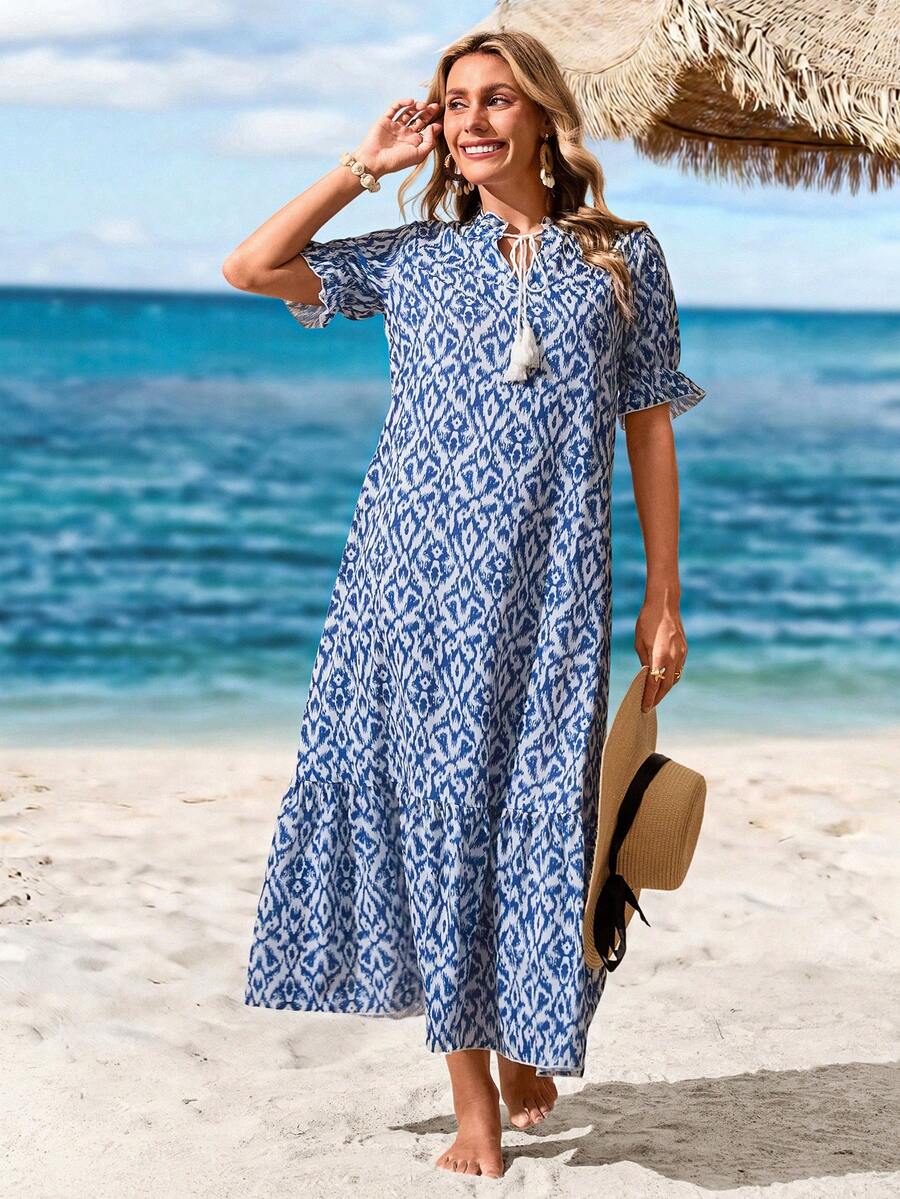 Sylviya 女式 V 领荷叶边饰腰带摆连衣裙，夏季 - 藍色 - 查看 1