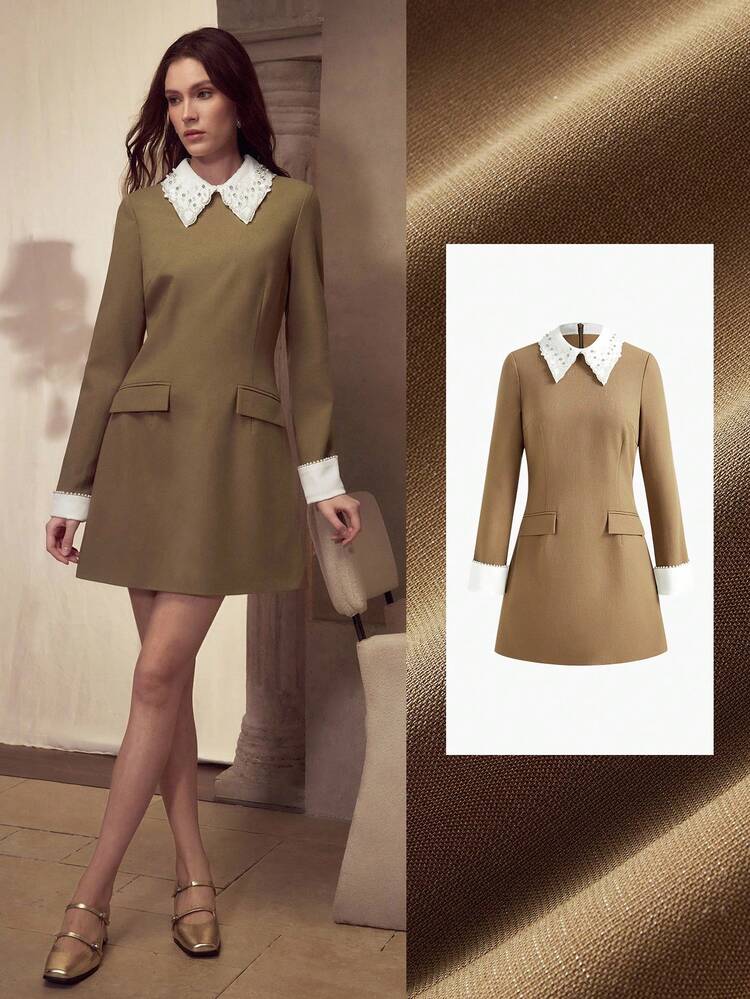 ELEGANT FAUX PEARL & RHINESTONE COLLAR WAIST CINCHED LONG SLEEVE DRESS
