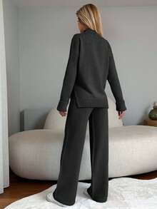 EURMUSE Women High Neck Split Hem Long Sleeve Top And Pants Knit 2 Pieces Set - Dark Grey - View 2