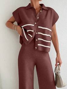 SHEIN Cottnline Women Striped Single-Breasted Batwing Short Sleeve Knitted Cardigan & Long Pants 2-Piece Set - Dusty Pink - View 4