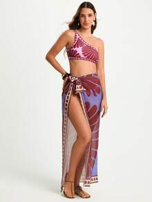 CAJUNI 女士夏季度假海滩植物印花侧系带罩衫裙套装 - 酒紅色 - 查看 4