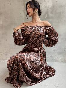 Firerie Women's Elegant Brown Leopard Print Off Shoulder Maxi A-Line Dress,Seductive Cinched Waist Lantern Sleeve Autumn Party Fashion Exquisite Date Gown - Brown - View 7
