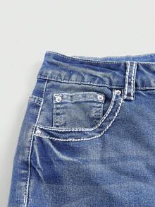 ROMWE Goth 水钻翅膀刺绣喇叭裤腿修身休闲低腰牛仔裤 - 藍色 - 查看 3