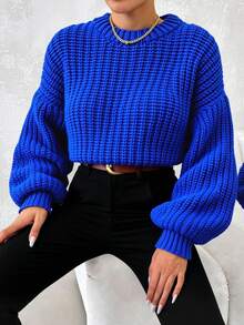 EURMUSE Women's Crew Neck Solid Color Long Sleeve Knitted Sweater - Royal Blue - View 6