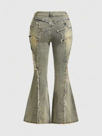 Grunge Punk Y2K Style Plus Size Star Patch Skinny Flare Jeans
