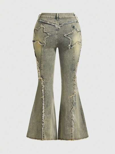 Grunge Punk Y2K Style Plus Size Star Patch Skinny Flare Jeans
