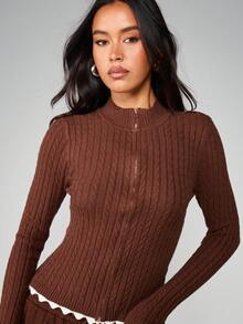 MISSGUIDED Cable Knit Ribbed Cardigan With Scalloped Contrast Trim And Full Zip Front Closure For Layering - Brown - View 4