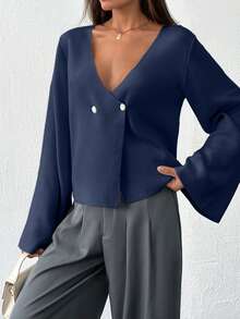 SHEIN Tall Women's Tall Solid Color V-Neck Front Button Drop Shoulder Cardigan