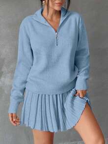 EURMUSE Women Solid Color Zipper Neck Drop Shoulder Pullover Sweater Skirt Set Brunch School Baby Blue Fall Casual Preppy - Baby Blue - View 6