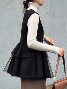 FRIFUL Women's Solid Color Round Neck Sleeveless Front Button Ruffle Hem Casual Jacket - Black - View 6