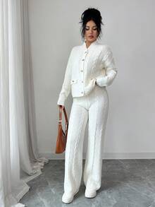 SHEIN Elenzya 2pcs Women Solid Color Sweater Set, Autumn/Winter - White - View 3