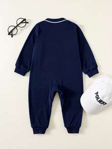 SHEIN 新生儿男/女宝宝可爱圆领长袖连体衣，秋冬款 - 藏蓝色 - 查看 2