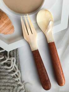 Cirelle [Every Piece Is Unique]1pc Shell Cutlery Set Translation,Shell Fork And Spoon Set,Wooden-Handled Fork,Caviar Spoon,Dessert & Ice Cream Shell Spoon,For Gatherings, Featuring High-Quality Textured Cutlery. - Multicolor - View 6