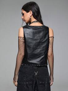 ROMWE Grunge Punk Dark Metal Punk Rivet PU Leather Vest Jacket - Black - View 3