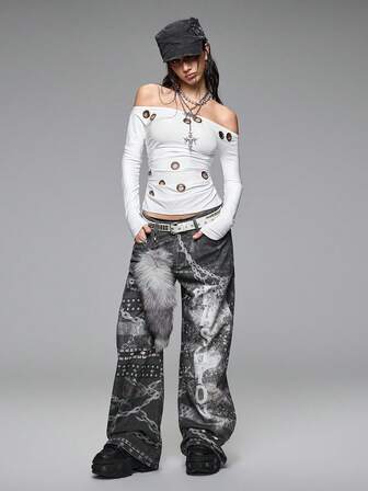 Grunge Punk Y2K Vintage Streetwear Chain Print Ultra Low Waist Loose Fit Jeans
