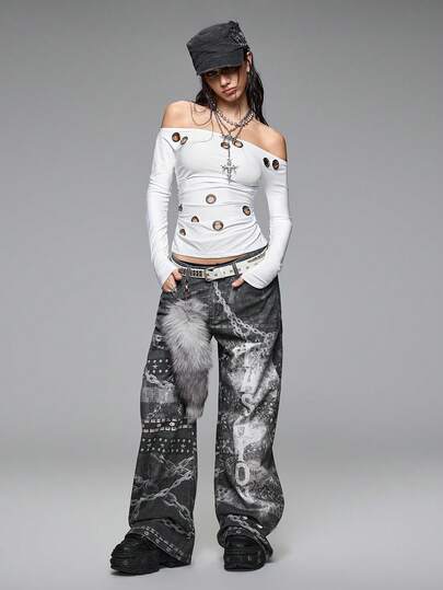 Grunge Punk Jeans de corte holgado con estampado de cadena, cintura ultra baja, estilo vintage Y2K
