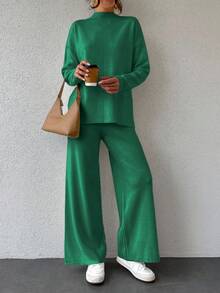 SHEIN Cottnline 女款立領落肩長袖毛衣+毛衣褲套裝 - 綠色 - 查看 4