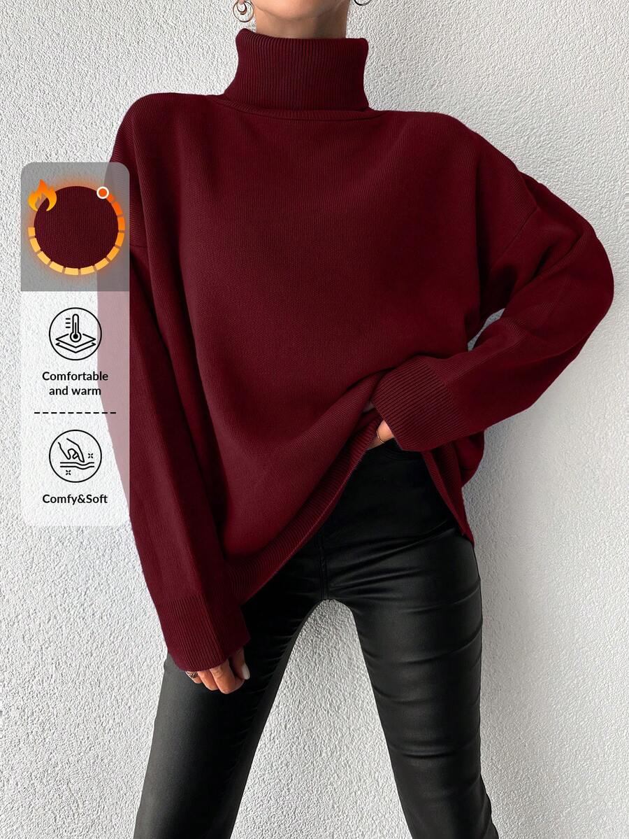 EURMUSE Áo len chui đầu dài tay cổ cao màu trơn đơn giản đa năng cho nữ - Màu Đỏ Sâu - Xem 1
