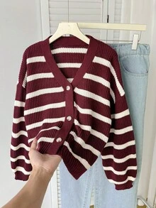 SHEIN 少女款酒红色和白色条纹纽扣V领宽松休闲条纹毛衣开衫 - 紅色 - 查看 1