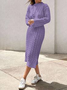 EURMUSE Women's Knitwear Long Dress With Cable Pattern,Petite - Violet Purple - View 7