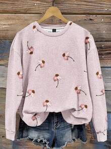 SHEIN LUNE Casual Minimalist Faux Fur Beaded Daisy Print Crew Neck Loose Fit Women Sweatshirt, Suitable For Autumn/Winter - Multicolor - View 4