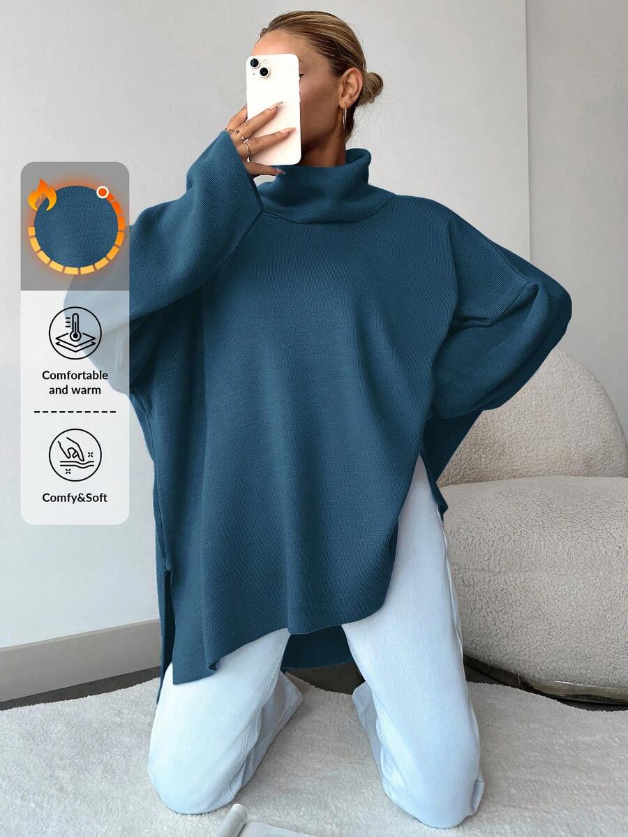 EURMUSE Women's Turtleneck Drop Shoulder Split Hem Sweater - Baby Blue - View 1