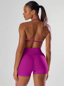 Musera Sport Solid Ruched Bust Open Back Halter Sports Bra, Active Comfy Workout Gym Running Run Club Gym Yoga Pilates Fitness Daily Casual - Red Violet - View 2