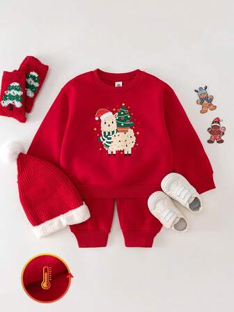 THE HAPPY LOOK 2pcs/Set Young Boy Cartoon Animal Print Soft Knit Crew Neck Long Sleeve Pullover Sweatshirt And Elastic Waist Jogger Pants