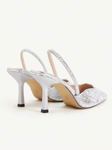 CUCCOO HITCHD 女士黑色高跟鞋，性感细高跟鞋，适合约会、聚会和宴会，银链和水钻装饰，露背凉鞋 - 銀色 - 查看 9