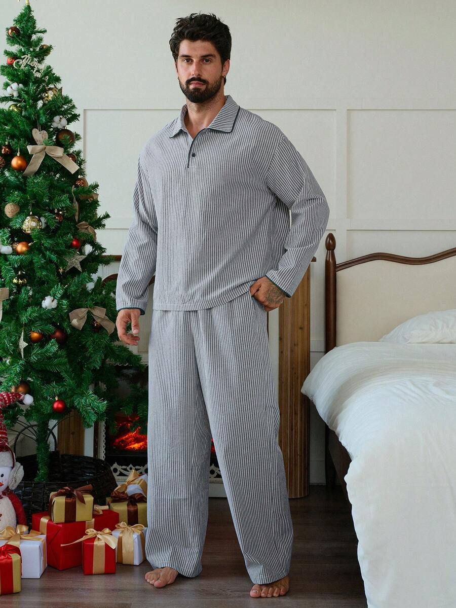 DAZY Men's Striped Multi-Color Polo Collar Elastic Waist Loungewear Set, Autumn,New Year,Christmas, Winter Clothes - Multicolor - View 1